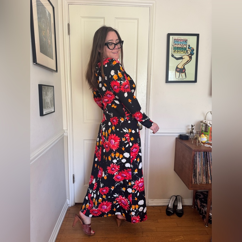 70s Vintage Long Sleeve Floral Maxi Dress with Keyhole Cut Out Sz L - Picture 3 of 6